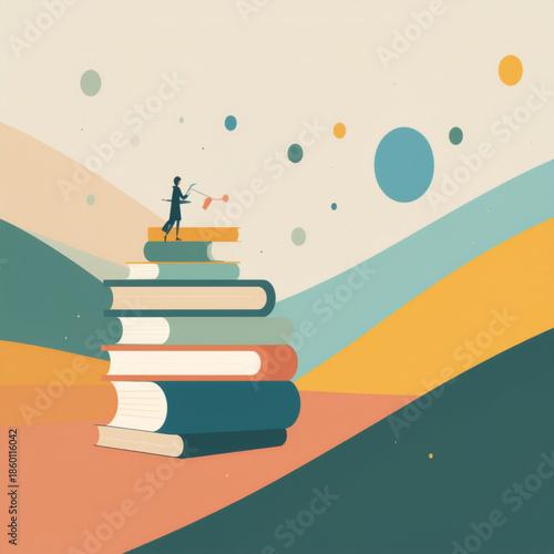 A person standing on a stack of books in a surreal landscape with abstract shapes and floating circles