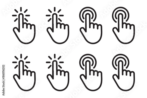 Set of clicking hand cursor icons pointer finger pressed button on white background vector