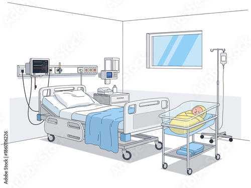 Hospital Room with Adult Bed and Newborn Bassinet.