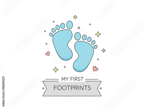 Cute baby blue footprints with stars and hearts saying my first footprints.