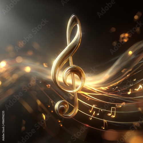 Golden Treble Clef with Musical Notes and Light Waves