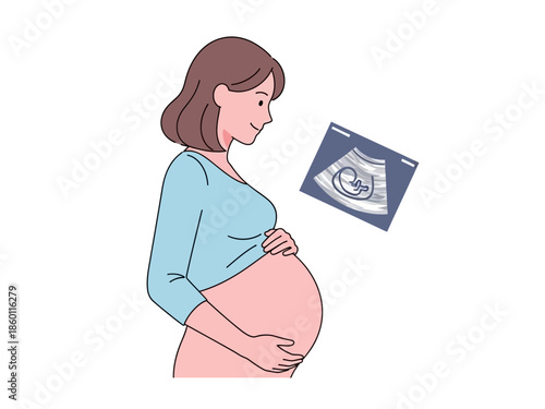 Pregnant Woman Holding Belly Looking at Ultrasound Image.