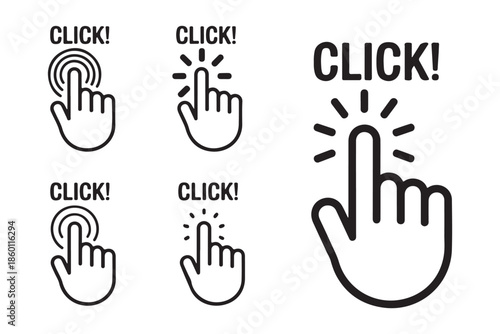 Clicking hand cursor icons pointer finger pressed button with text click on white background
