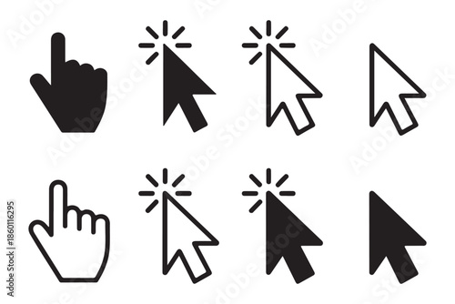 Cursor arrow and hand icons pointer finger pressed button on white background vector
