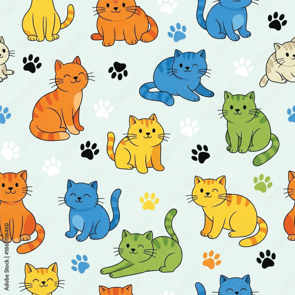 Obraz premium Colorful cartoon cats and paw prints on light blue background