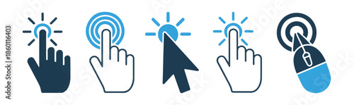 Computer mouse clicker icons with hand pointer and cursor arrows set for digital interface symbols