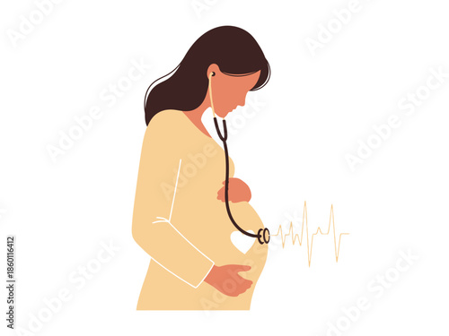 Pregnant woman listening to baby heartbeat with stethoscope.