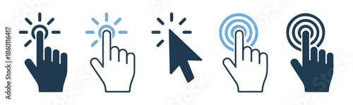 Minimalist hand click icons collection with cursor pointer and digital interaction gestures symbols