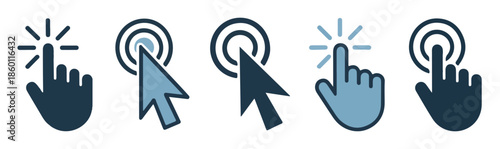 Digital cursor pointer and hand click icons set for mobile app interface and computer web navigation