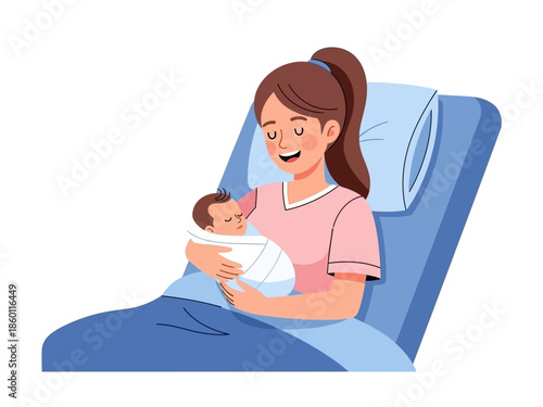 Mother holding newborn baby in hospital bed happy and smiling.