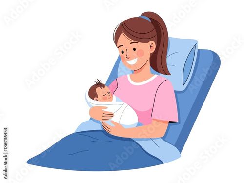 Mother holding her newborn baby in hospital bed.