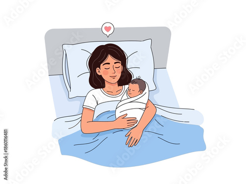 Mother holding her newborn baby in bed with love and care.