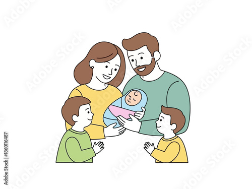 Happy family with newborn baby and two sons.