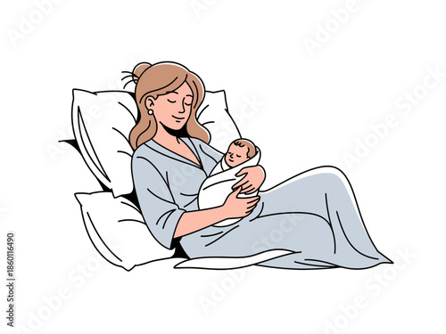 Mother holding newborn baby in hospital bed after birth.