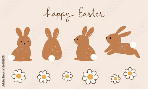 Cute Easter bunny illustration set with hand drawn rabbits in multiple poses and daisy flowers, featuring warm neutral tones for spring greeting cards, children designs.
