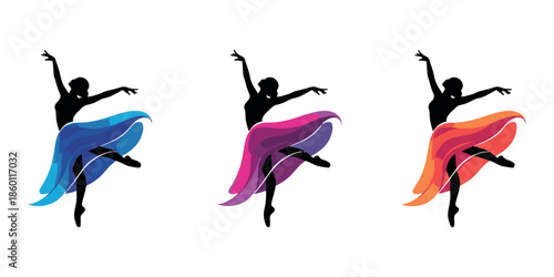 Set of ballet dancer silhouettes showing dancing girls in graceful jumping poses
