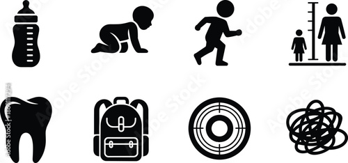 Collection Of Eight Black Icons Representing Babyhood Childhood And Growth bottle crawling
