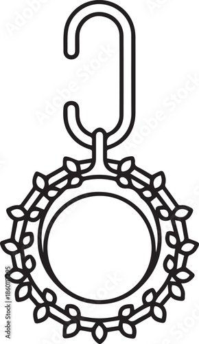 A minimalist black-and-white vector outline of a hanging circular ornament or wreath with a floral leaf border. Features a clean, elegant design suitable for festive or decorative branding.