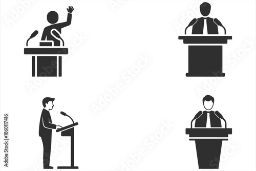 Four Silhouette Icons of Men Speaking at Podiums with Microphones speaker speech