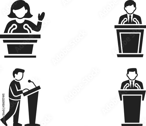 Four Silhouette Icons of People Speaking at Podiums speech microphone