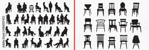 people sitting silhouette vector, chair sitting people black silhouettes, seated human illustration set, waiting people outline art, furniture sitting vector collection, sitting posture icon set, peop