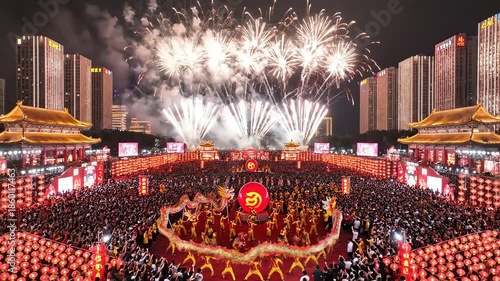 Wide-angle shot of a large crowd celebrating a festive event with fireworks display in a cityscape at night with a vibrant and joyful mood.