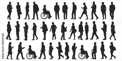 Silhouettes of People Walking and Sitting in Wheelchairs on White Background Keywords: silhouette, people, walking, standing