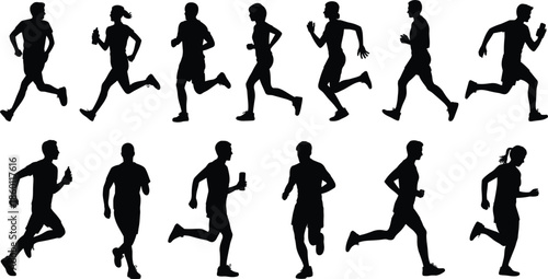 Silhouettes of runners in motion on white background Keywords: runners, running, jogging, athletes, fitness, exercise, sport