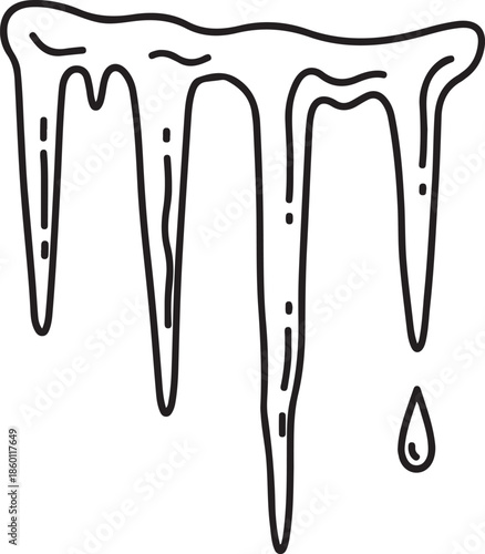 A black and white line art vector of four hanging icicles of varying lengths with a single melting water droplet. A minimalist winter icon representing freezing temperatures and ice.