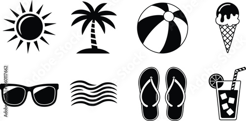 Summer Vacation Icons Including Sun Palm Tree Beach Ball Ice Cream Sunglasses Waves Flip Flops and Drink