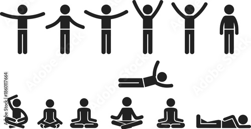 Stick figure poses for yoga and exercise on white background Keywords: stick figure, yoga poses, exercise, meditation