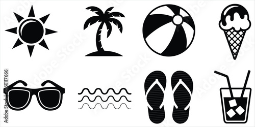 Summer vacation and beach icons on white background Keywords: sun icon, palm tree icon, beach ball icon, ice cream cone icon