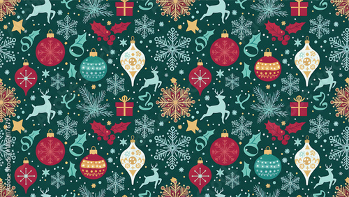 Vibrant Christmas pattern with ornaments, snowflakes, and reindeer on green background