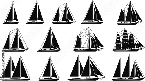 Black sailboat silhouettes set with various yacht and vessel types isolated on white background for nautical and maritime travel design