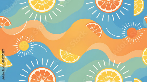 Vibrant citrus pattern with lemons and oranges on wavy background