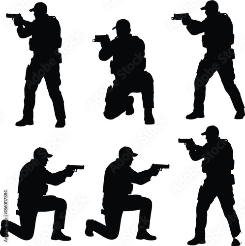 Set of  Soldier Silhouettes Vector. Armed Military Figures with gun in Standing, Shooting, and Kneeling Combat Positions – War, Battle, and Military History Illustration 
