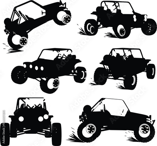 Set of Off-road truck silhouette on white background. Vehicle icons set view from side, front, back, and top. 