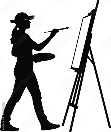 Black Silhouette of Female Artist Painting on Canvas with Brush and Palette Isolated on White Background for Creative Hobby Vector