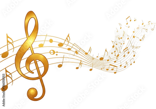 A golden treble clef and musical notes flowing on a black background on transparent background