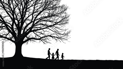 Black silhouette of a family walking together outdoors under a large bare tree branch structure symbolizing genealogy and family roots.