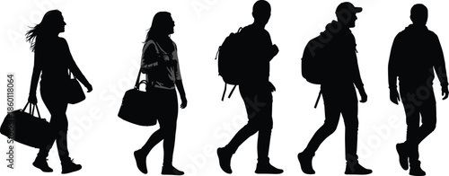 Black Silhouette of People Walking with Luggage and Backpacks Vector Illustration Isolated on White Background for Travel and Commuting Design