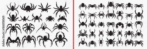 spider silhouettes vector, spider clipart, arachnid svg, creepy insect illustration, halloween spider graphics, black spider silhouettes, horror vector art, spider shape design, spider collection, spi