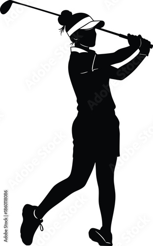 Female golfer silhouette executing powerful swing follow through, professional sports action pose isolated on white background black vector illustration