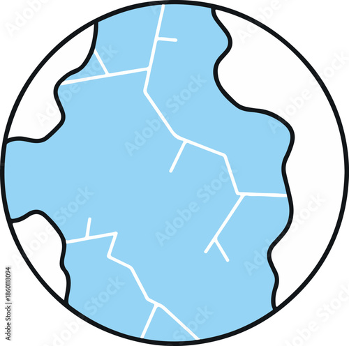 A circular vector graphic depicting a light blue cracked ice surface or frozen pond. The minimalist design uses jagged white lines on a blue shape within a black circular border.