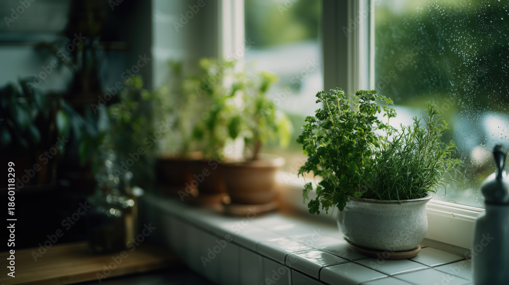 Fototapeta premium Indoor herb garden on a bright windowsill with fresh parsley and rosemary in ceramic pots