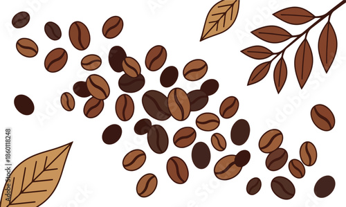 Roasted Coffee Beans and Dried Leaves Illustration - Decorative Cafe and Caffeine Theme Background