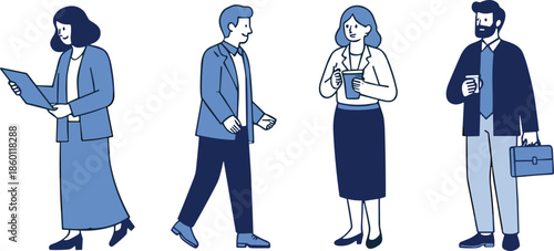 Flat vector illustration of professional business men and women walking with coffee folders and briefcases in modern blue office style