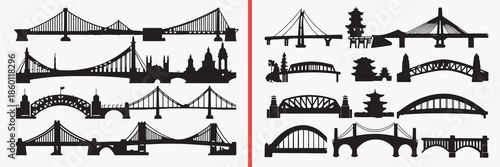 bridge structure silhouettes vector, urban architecture clipart, city infrastructure svg, modern bridge illustration, transport structure graphics, black bridge silhouettes, engineering vector art, ci