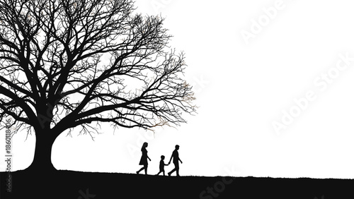 Happy Family Walking Silhouette under Large Oak Tree in Nature Park Background for Fatherhood Motherhood Childhood and Outdoor Healthy Lifestyle Concept