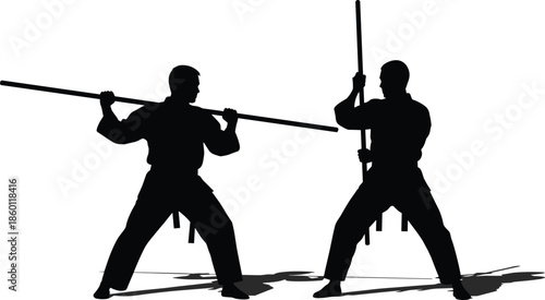 Martial arts fighters silhouette practicing stick combat techniques, traditional self defense training duel isolated black vector illustration on white background